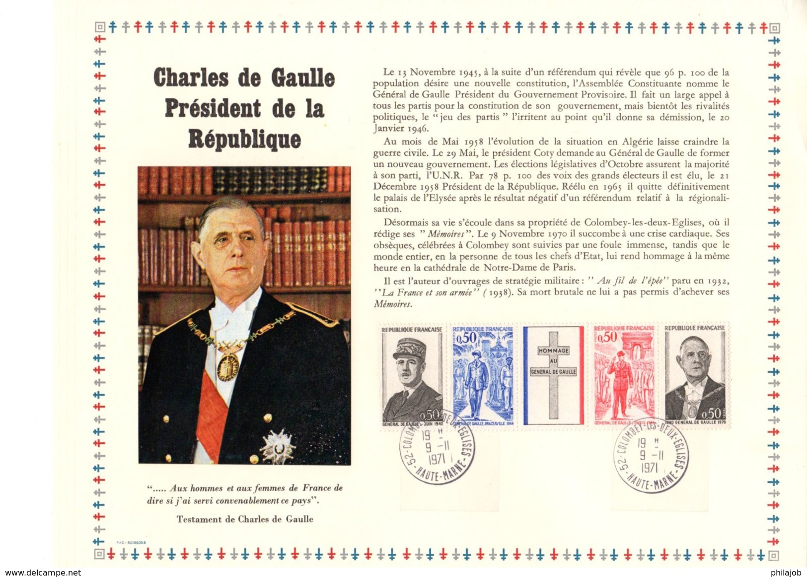 FEUILLET PAC 1er Jour RARE " HOMMAGE AU GENERAL DE GAULLE " N° YT 1698A. PARFAIT état ! - De Gaulle (General)