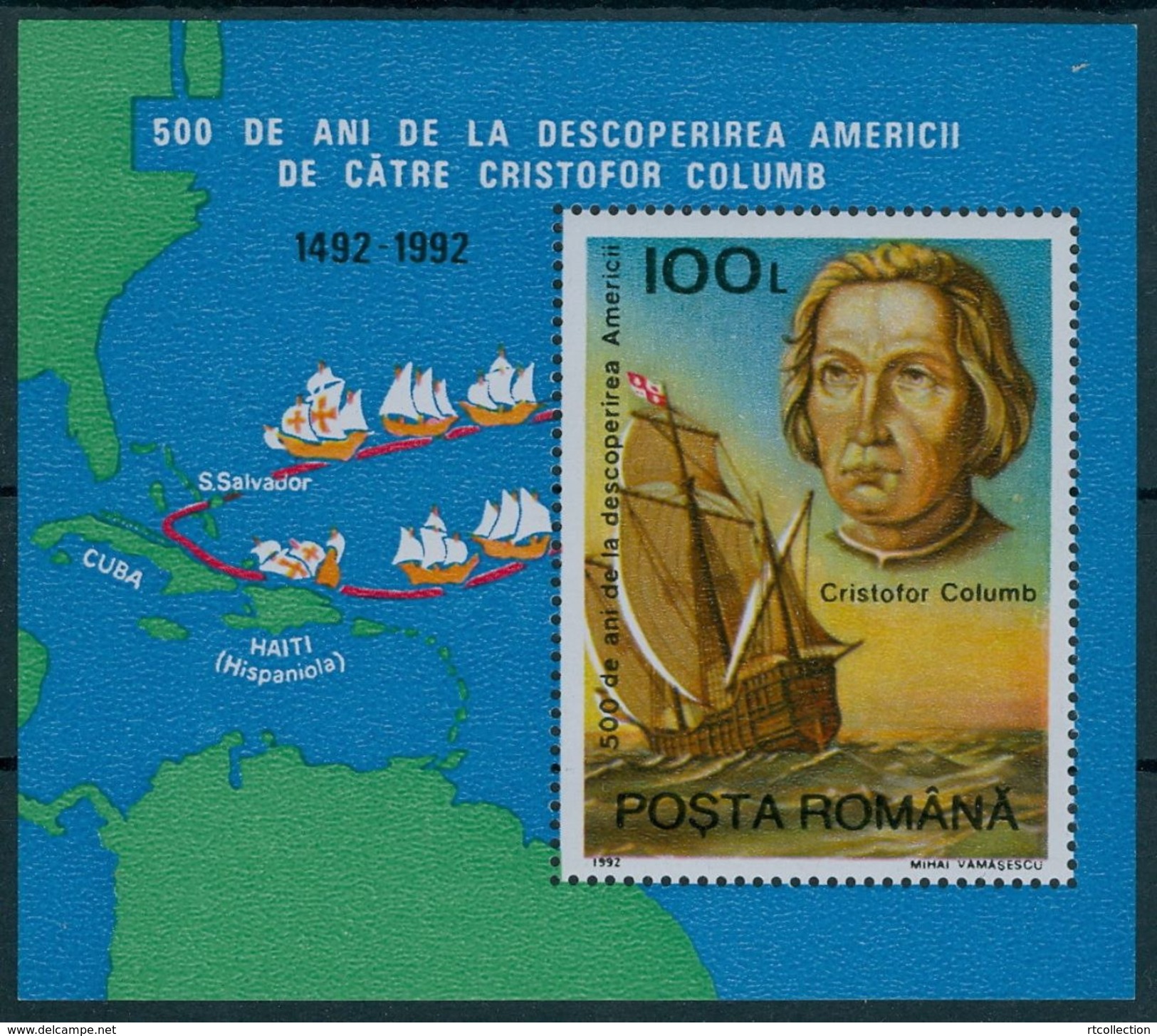 Romania 1992 Discovery America 500th Ann Columbus Famous People Explorer Ships Boat Map Stamp MNH SC 3774 Michel BL277 - Explorers