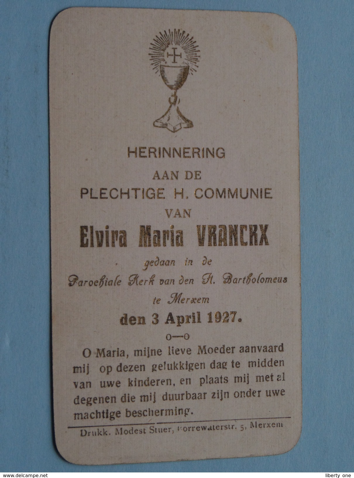 Plechtige H. Communie Elvira Maria VRANCKX Parochiale Kerk H. Bartholomeus MERXEM - 3 April 1927 ( Zie Foto's ) ! - Religion & Esotérisme