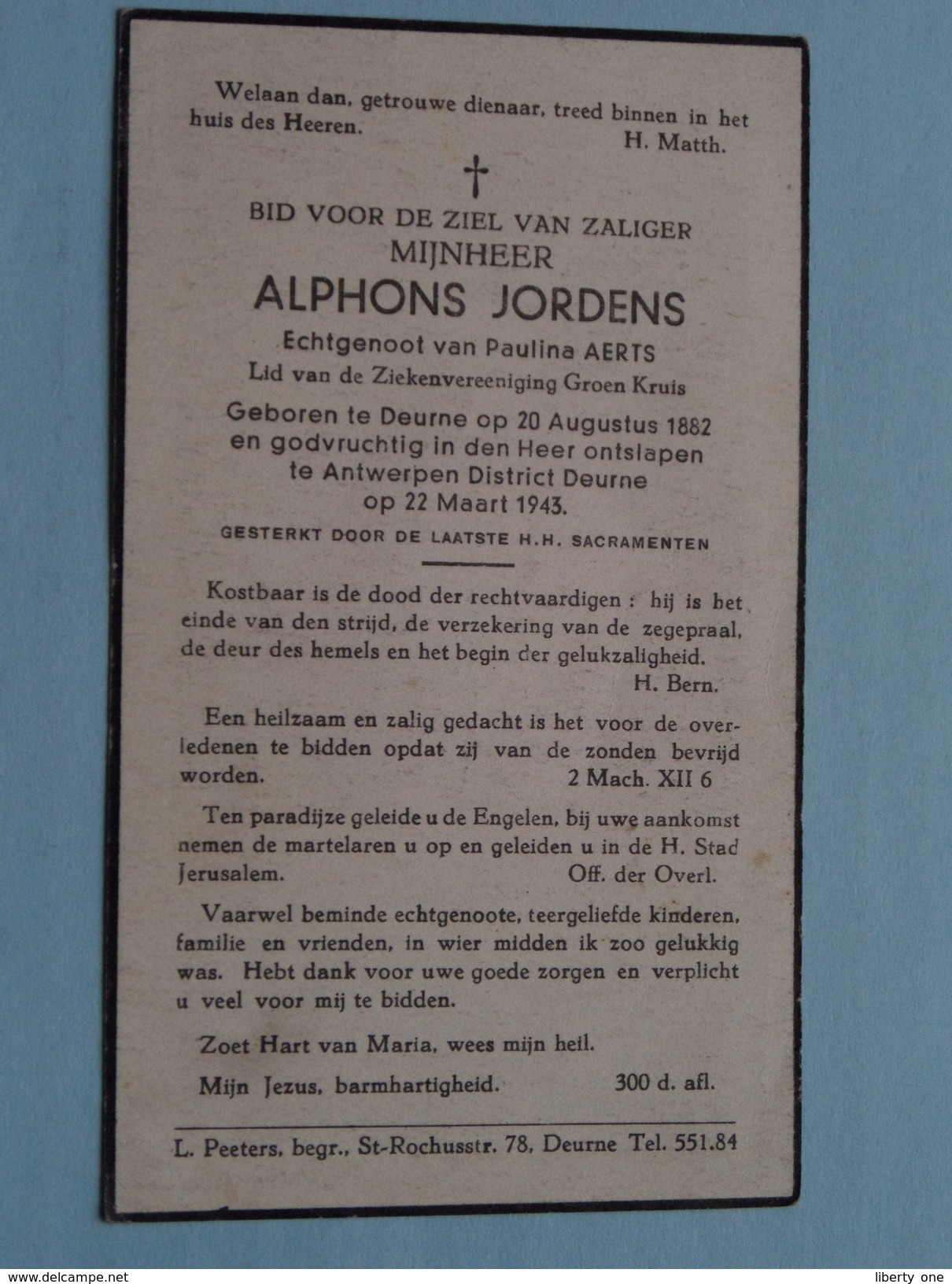 DP Alphons JORDENS ( Pauline Aerts ) DEURNE 20 Aug 1882 - Antwerpen Distr. Deurne 22 Maart 1943 ( Zie Foto's ) ! - Religion & Esotericism