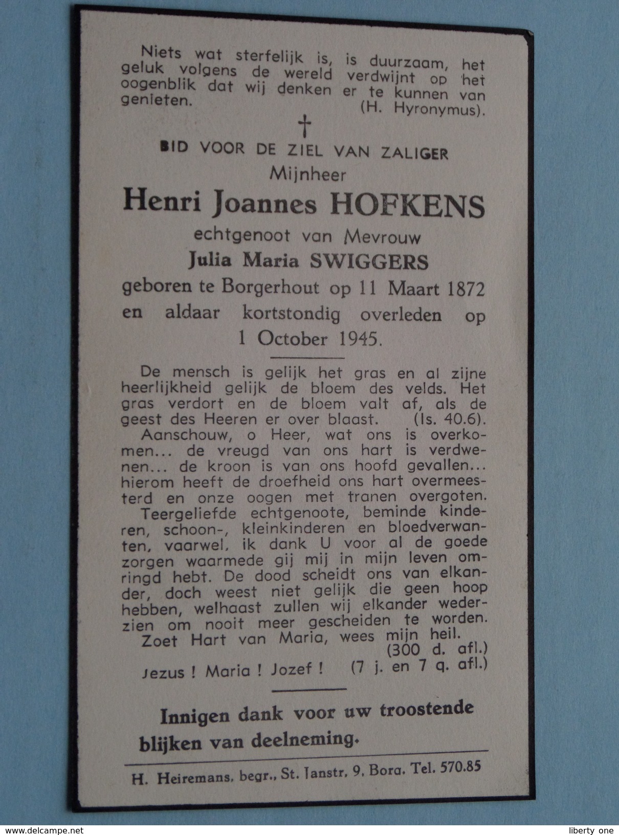 DP Henri Joannes HOFKENS ( Julia Maria Swiggers ) Borgerhout 11 Maart 1872 - 1 Oct 1945 ( Zie Foto's ) ! - Religion & Esotericism