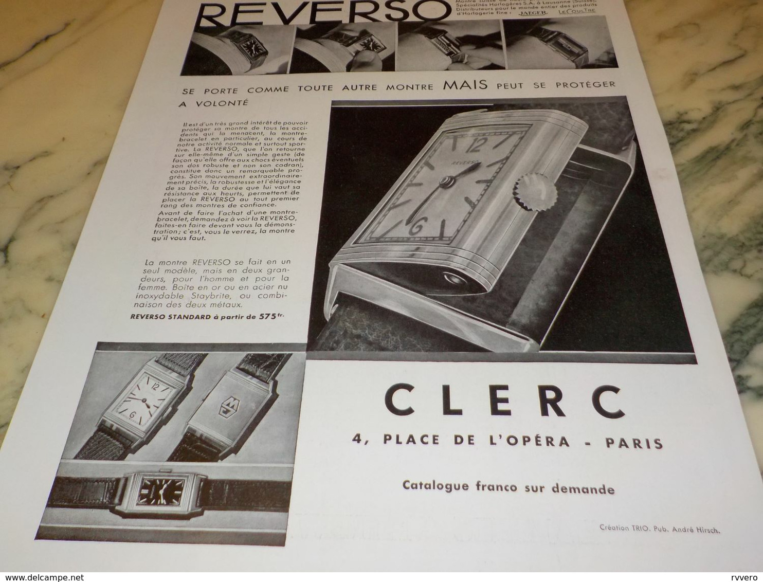 ANCIENNE PUBLICITE MONTRE REVERSO VENDU CHEZ CLERC 1932 - Autres & Non Classés
