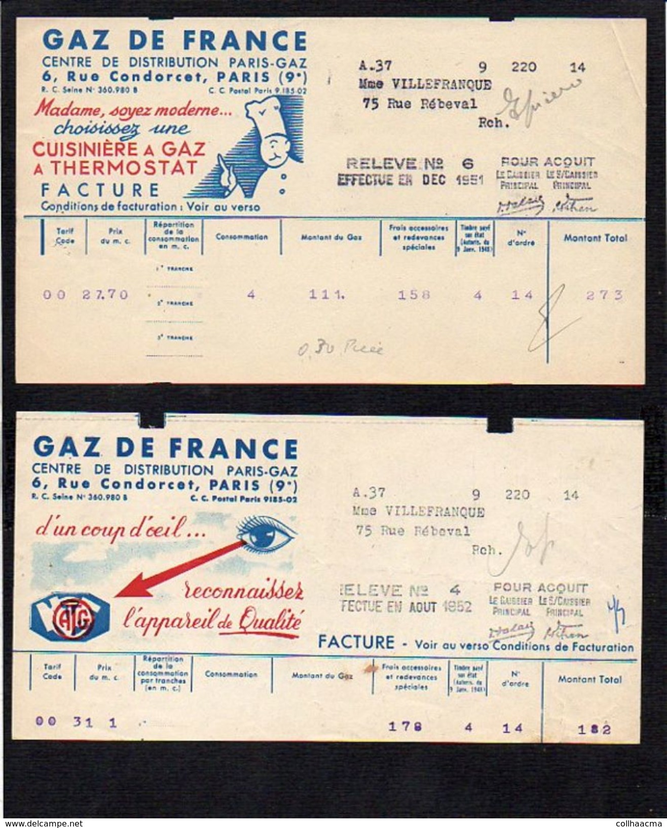 Publicité 1950 Env./ 2 Factures Différentes " Gaz De France " Centre De Distribution Paris-Gaz Rue Condorcet Paris 9 - Electricité & Gaz