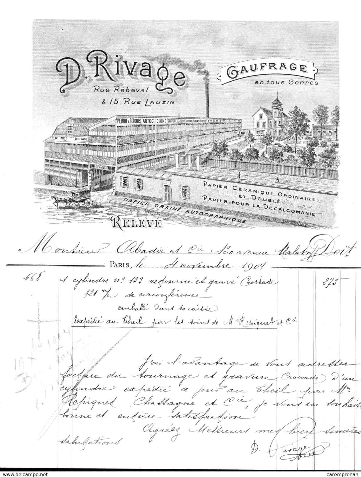 Facture Ancienne Illustrée . D. Rivage, Papiers, Paris Rue Rebéval (19e Arr.) 1904 - Imprimerie & Papeterie