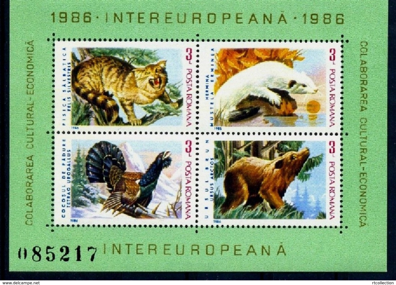 Romania 1986 Wild Animals Mammals Wild Cat Stoat Capercaillie Brown Bear Nature Fauna S/S Stams MNH Michel BL223 Sc 3343 - Other & Unclassified