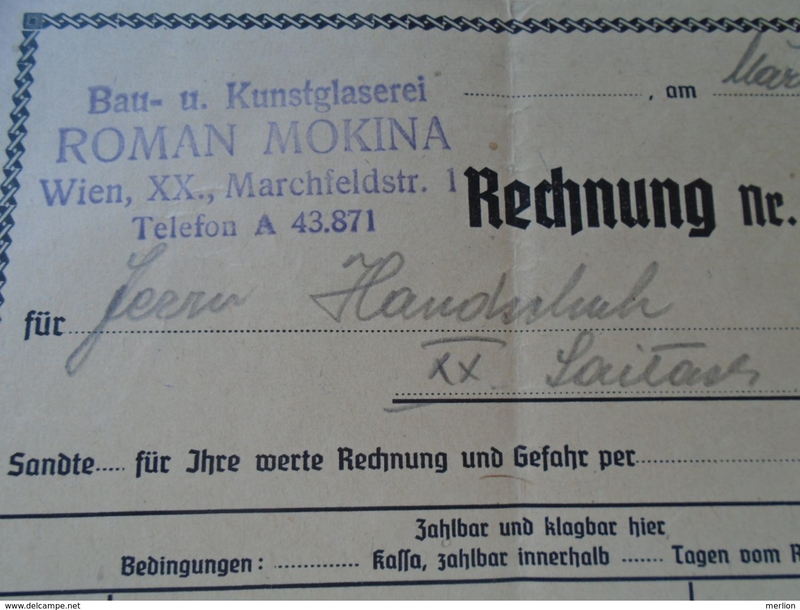 D151436 Invoice Rechnung Bau-u. Kunstglaserei - Roman Monika  Wien XX., Marchfeldstr.1 1942 - Autriche