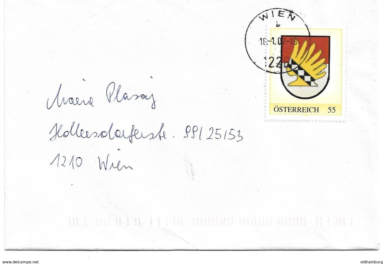 4153v: PM Wappen Essling, Gest. 16.1.07 1228 Wien (Essling!) - Timbres Personnalisés