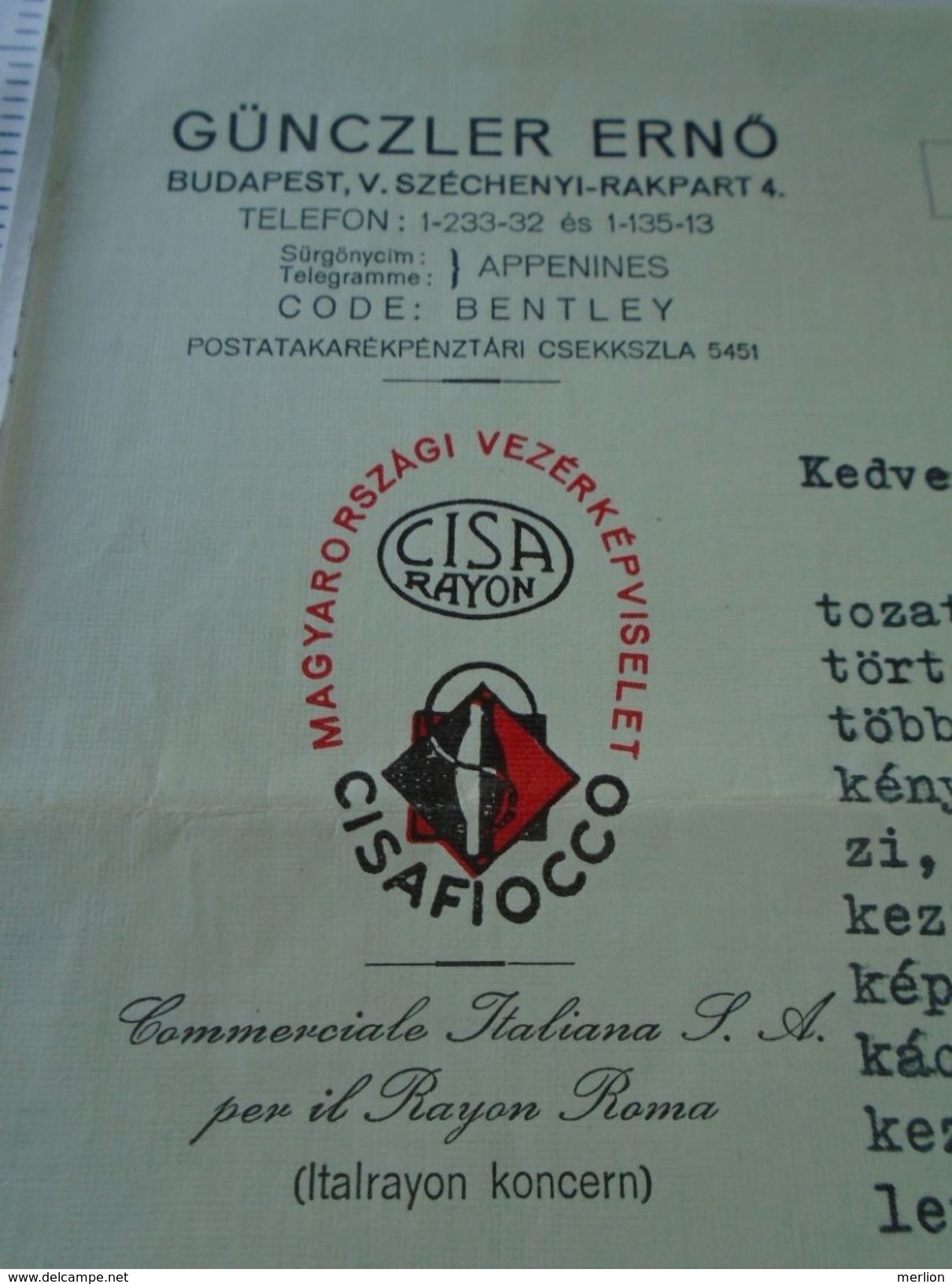 D151438 Hungary  Günczler Ernö - CISAFIOCCO -CISA RAYON - ROMA Italia - Budapest Comm. Letter 1938 - Italia