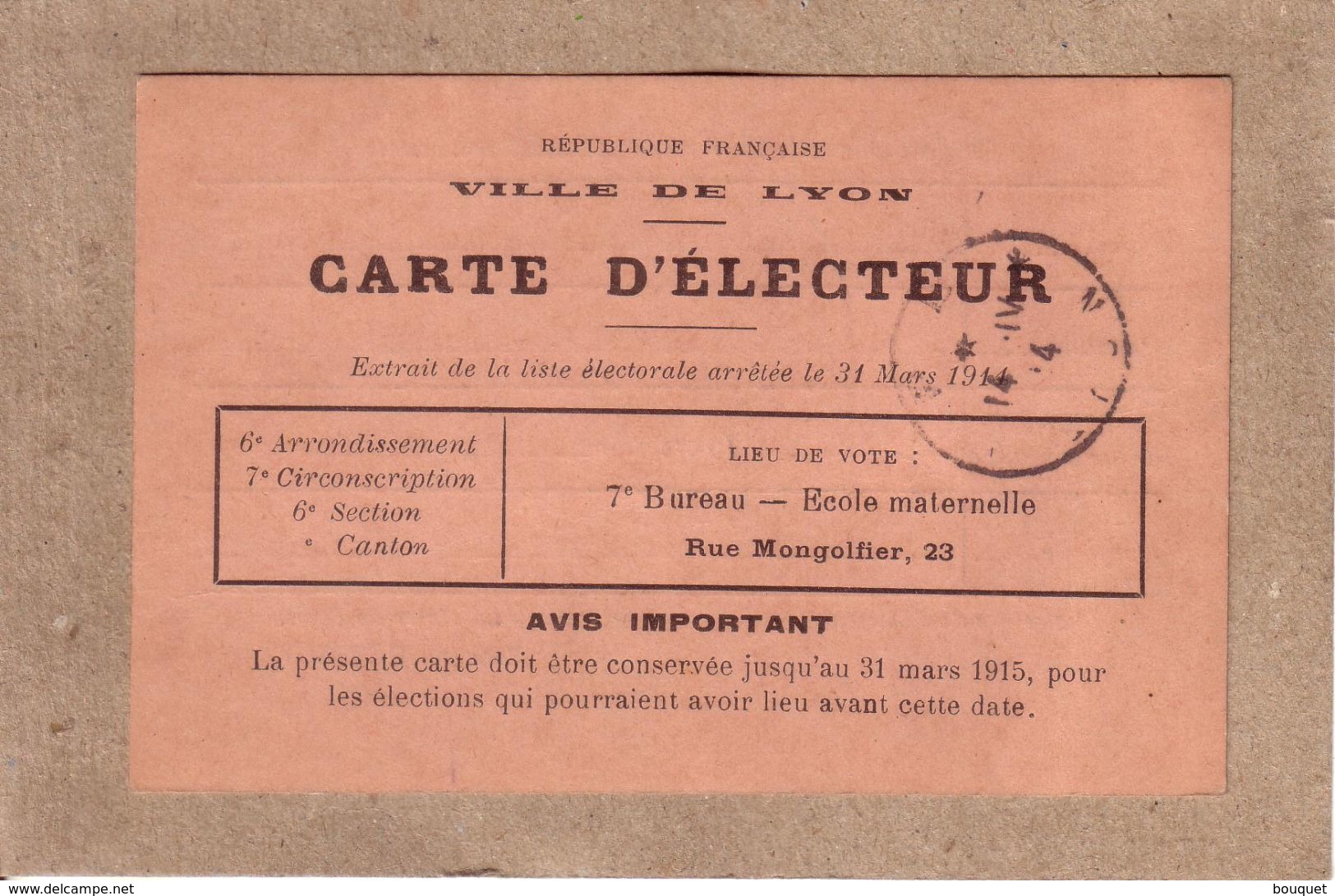 RHÔNE - LYON - CARTE D' ELECTEUR , AVRIL 1914 , MR ANTOINE MILLET , NE EN 1842 , NEGOCIANT , 97 RUE VENDOME , LYON - Documents Historiques