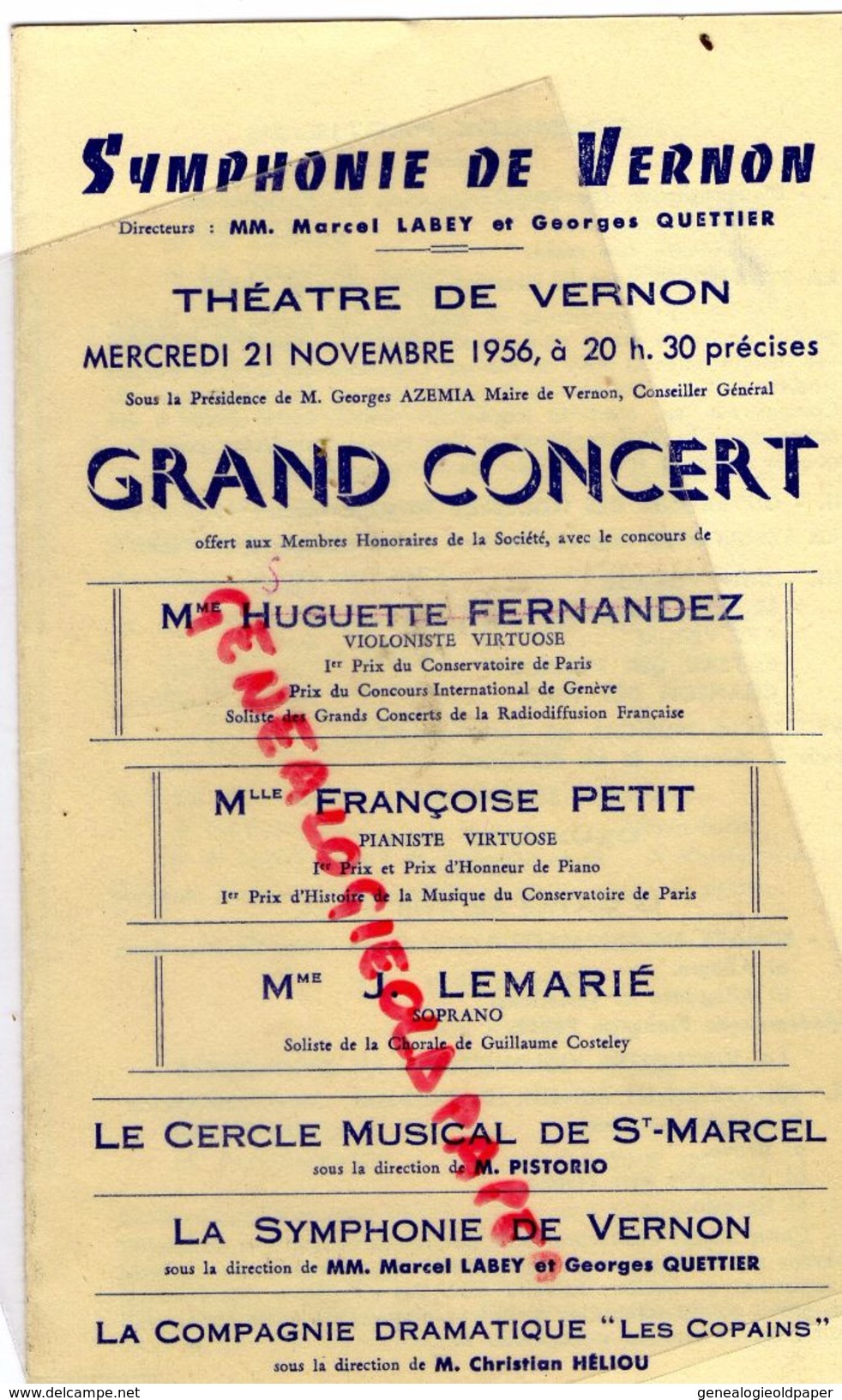 27 - VERNON - PROGRAMME THEATRE- MARCEL LABEY GEORGES QUETTIER-CONCERT 22-11-1956-HUGUETTE FERNANDEZ-VIOLON-PETIT - Programme