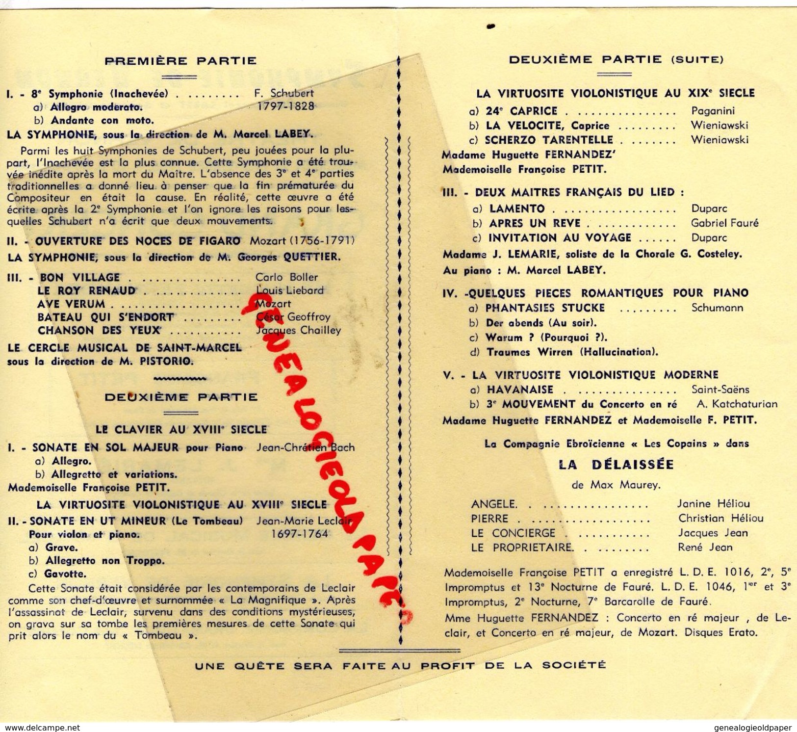 27 - VERNON - PROGRAMME THEATRE- MARCEL LABEY GEORGES QUETTIER-CONCERT 22-11-1956-HUGUETTE FERNANDEZ-VIOLON-PETIT - Programs