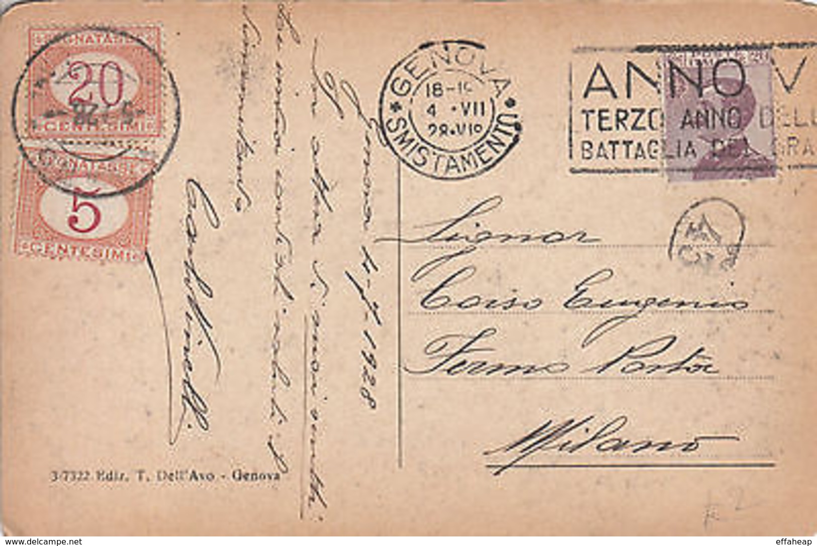 Italy: Postcard, Genova Smistamento To Milan, Two Postage Dues, 4 August 1928 - Unclassified