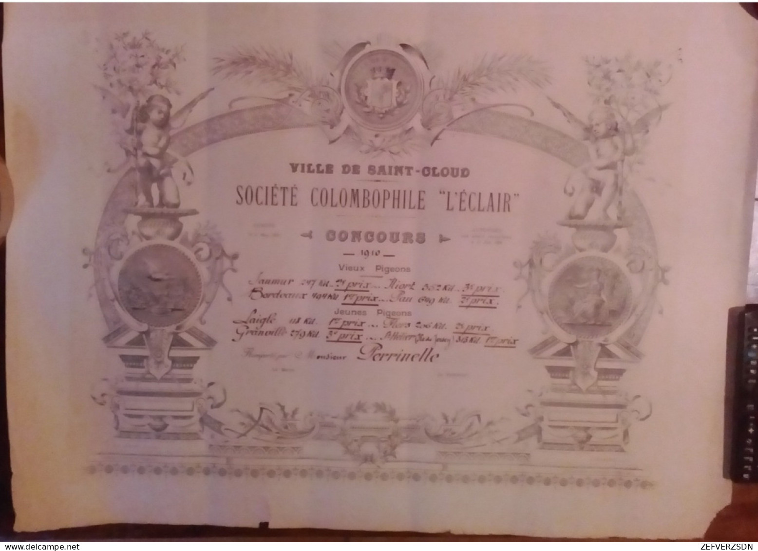 DIPLOME SAINT CLOUD CONCOURS COLOMBOPHILE LAIGLE FLERS GRANVILLE ST HELIER SAUMUR NIORT PIGEON PIGEONS 92 HAUTS DE SEINE - Diplômes & Bulletins Scolaires