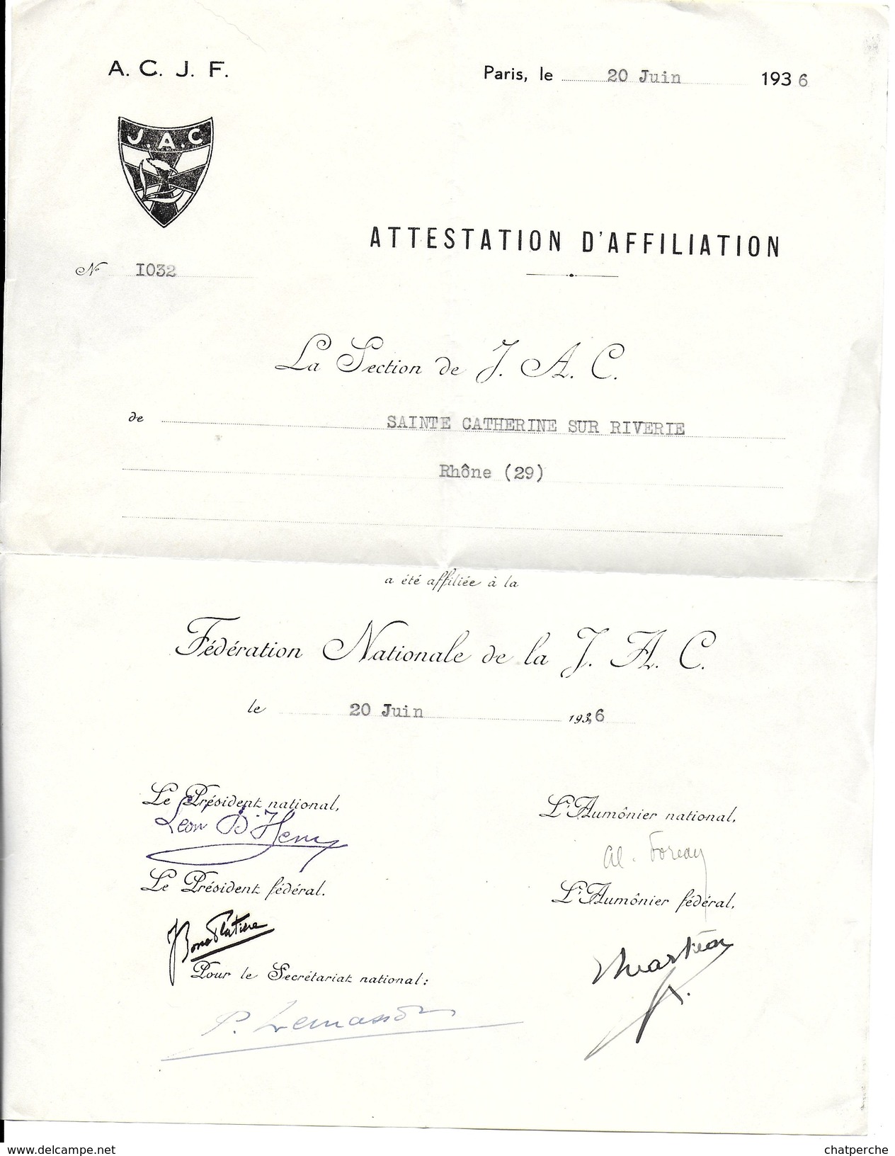 ATTESTATION AFFILIATION INSTITUTION A.C.J.F. SECTION SAINTE CATHERINE DE RIVERIE 69 RHONE 20/6/1936 - 1900 – 1949