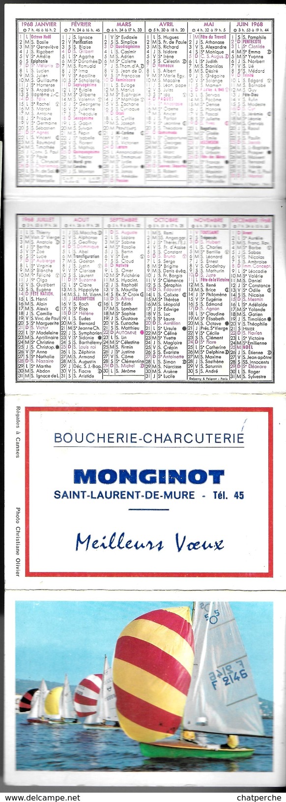 CALENDRIER 1968 BOUCHERIE CHARCUTERIE  MONGINOT SAINT LAURENT DE MURE 69 RHONE CODE DE LA ROUTE PANNEAUX - Petit Format : 1961-70