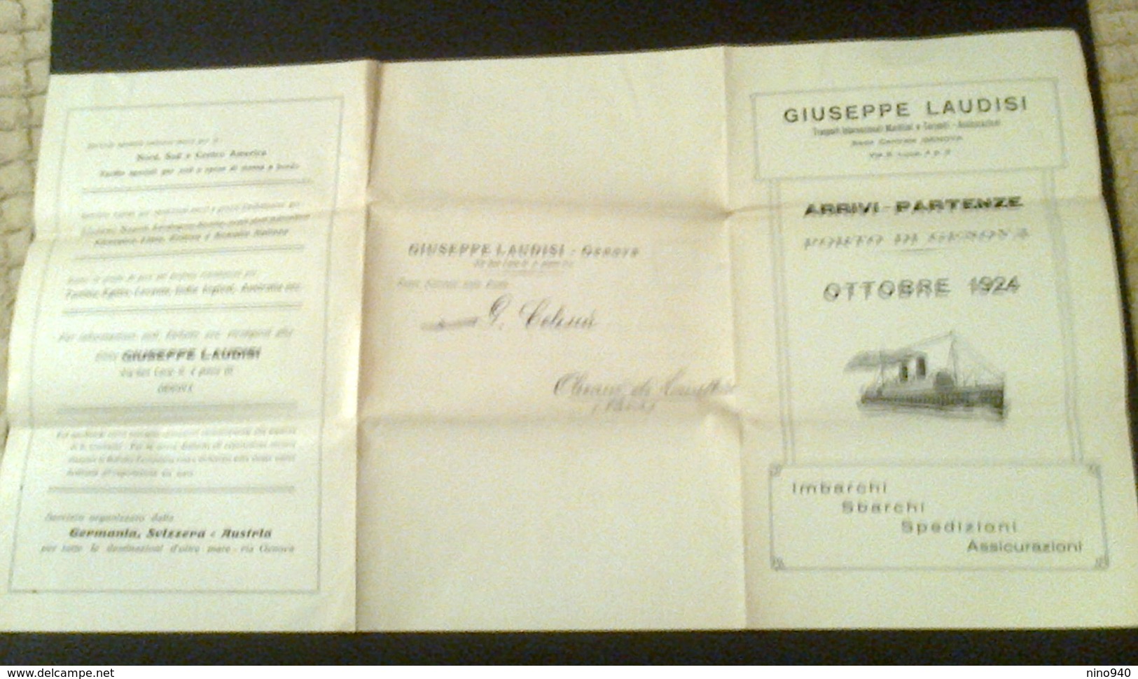 GIUSEPPE LAUDISI TRASPORTI INTERNAZIONALI MARITTIMI E TERRESTRI - ARRIVI E PARTENZE PORTO DI GENOVA - OTTOBRE 1924 - Altri & Non Classificati