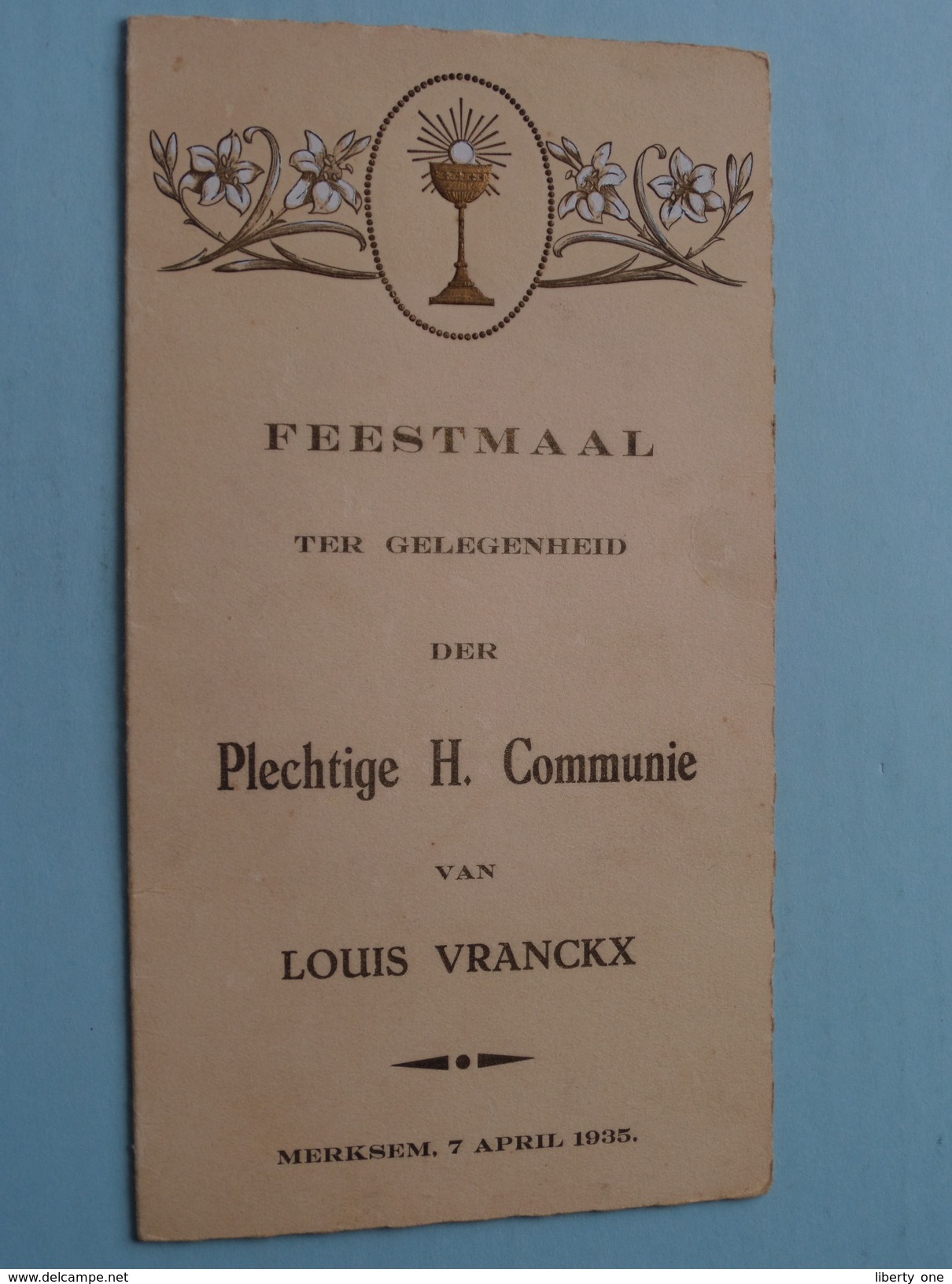 MERKSEM : Feestmaal H. COMMUNIE : Louis VRANCKX 7 April 1935 > Mevr. Cools August ( Zie Foto Voor Details ) !! - Menus