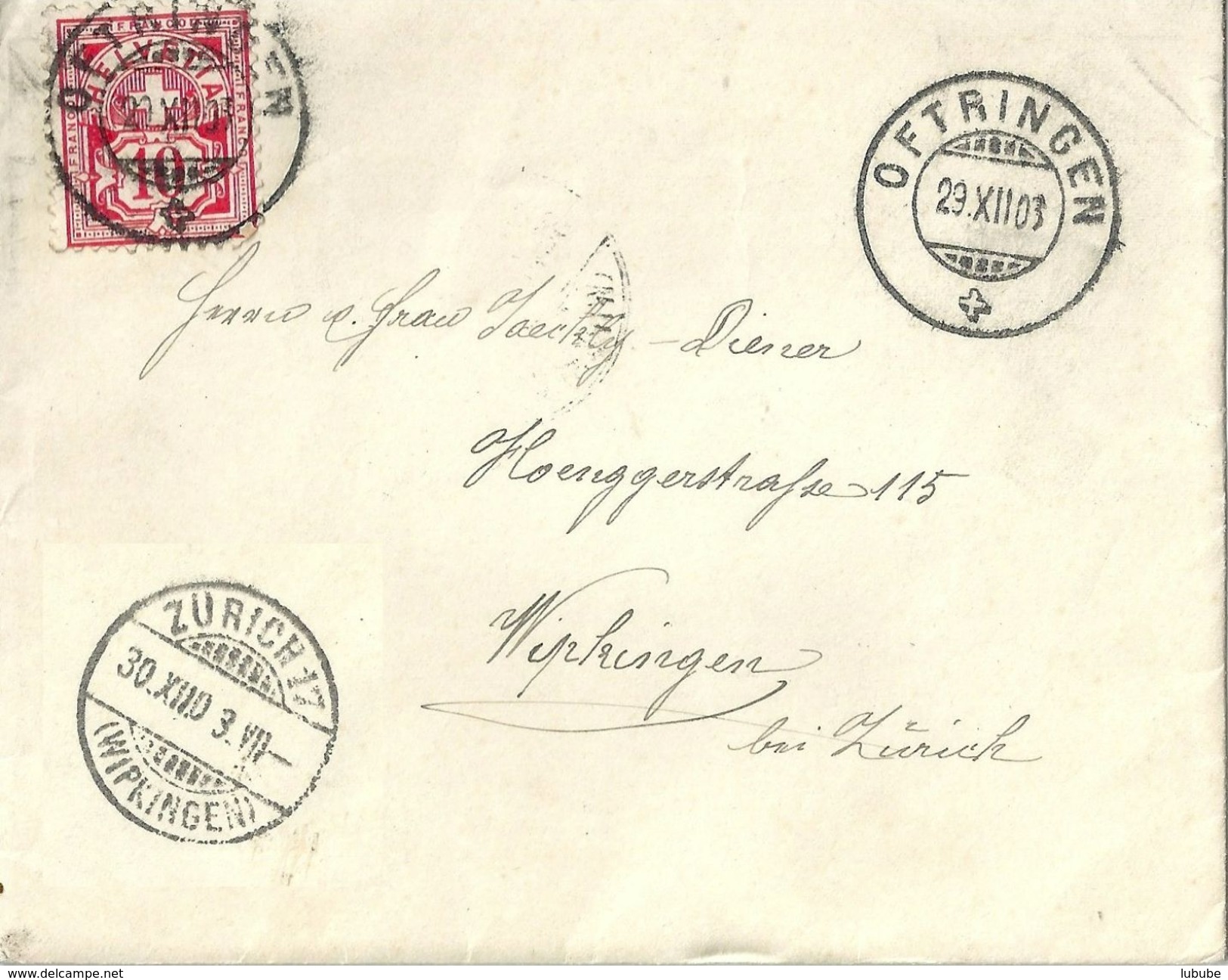 Brief  Oftringen - Zürich Wipkingen            1903 - Briefe U. Dokumente