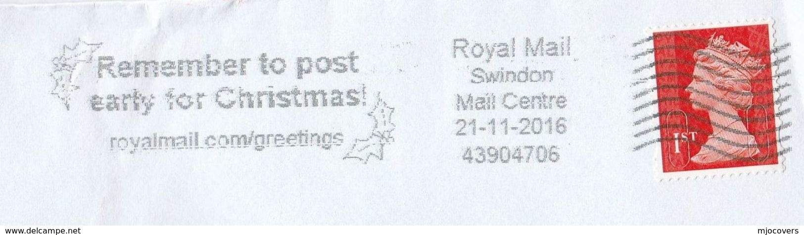 2016 Swindon GB Stamps COVER SLOGAN Pmk ROYAL MAIL COM GREETINGS Illus HOLLY, REMEMBER POST EARLY FOR CHRISTMAS - Christmas