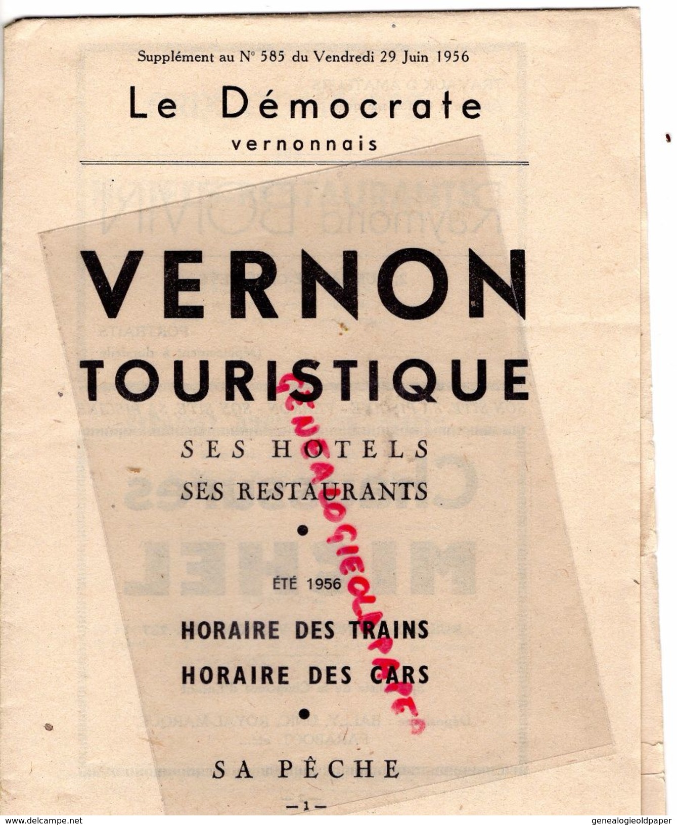 27 - VERNON - TOURISTIQUE SES HOTELS RESTAURANTS - SUPPLEMENT LE DEMOCRATE 19-6-1956-HORAIRE TRAINS CARS -PECHE-PARIS - Tourism Brochures