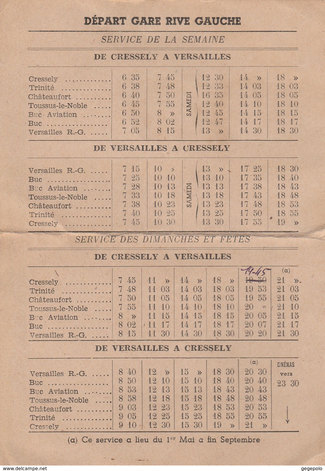 78 -  HORAIRE Service De Cars L.JOUQUIN - CRESSELY - VERSAILLES  ( 4 Pages 9 Cm X 12,5 Cm )   Rare - Europe