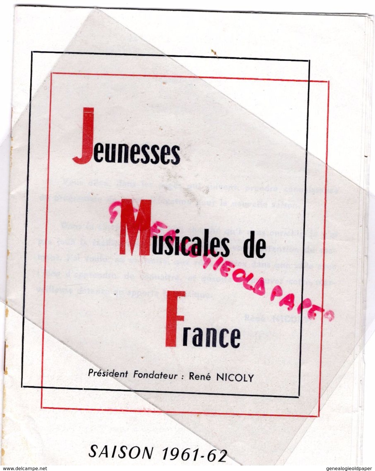 87 -LIMOGES-PROGRAMME JEUNESSES MUSICALES DE FRANCE-1961-1962-RENE NICOLY-DANIEL MARTY-GISELE PREVET-OPERA KOSMA-BAUDO - Programs
