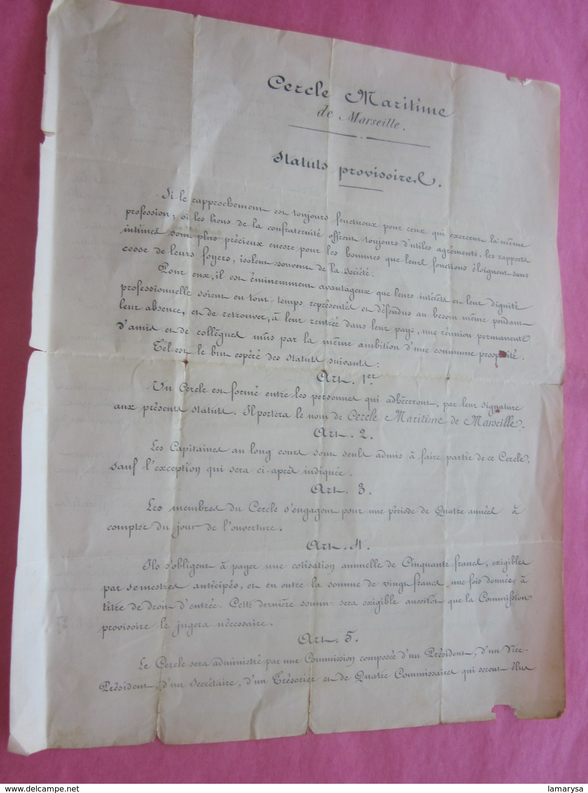 27-9-1862 CERCLE MARITIME STATUTS PROVISOIRES NAVIGATION 9 ARTICLES -CONNAISSEMENT-BILL OF LADING-Bateau VAPEUR ,Navire - Trasporti