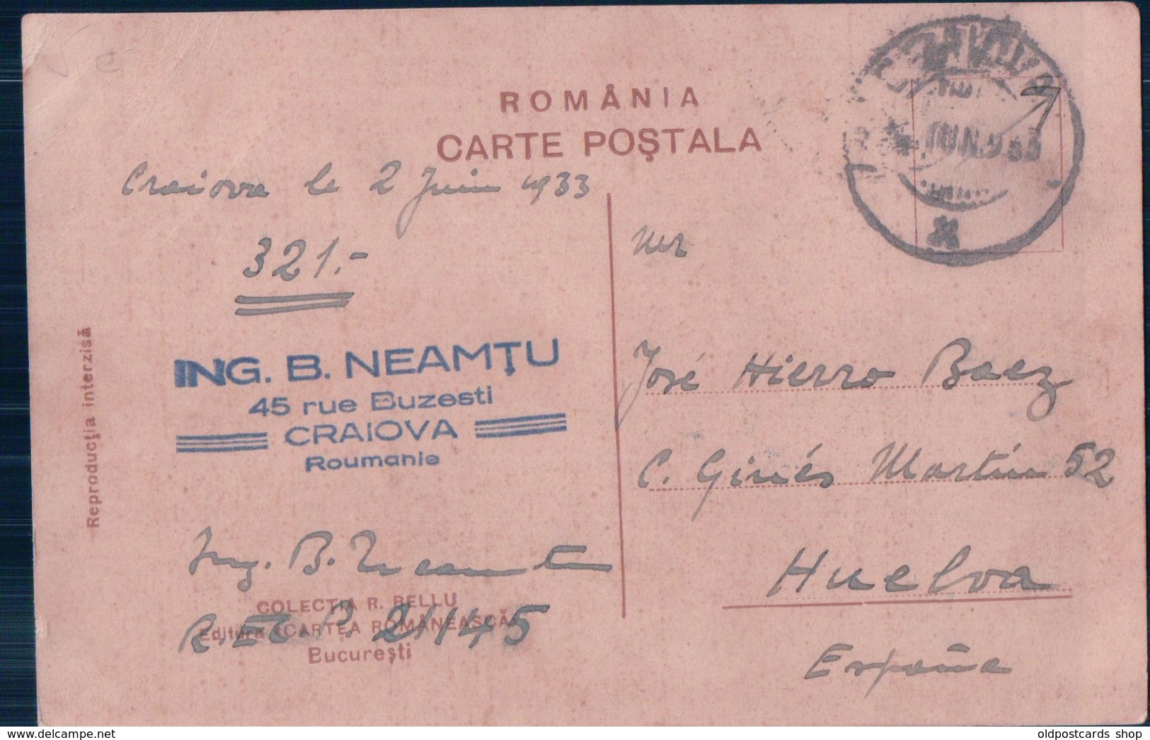 POSTAL ROMANIA - COLECTIA R BELLU - BUCURESTI . ING B NEAMTU - RECP 21145 - Rumania