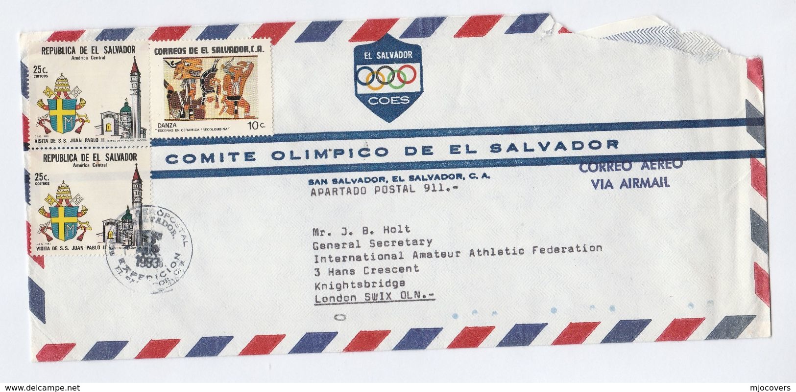 1983 OLYMPICS COMMITTEE Of EL SALVADOR Commercial COVER To IAAF Athletics GB Sport Pope Stamps Olympic Games - Summer 1984: Los Angeles