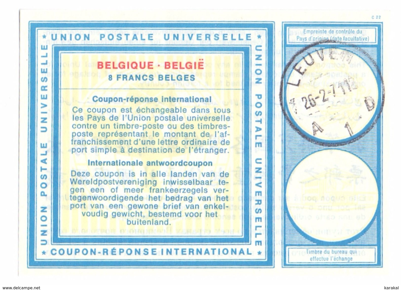 België Belgique Belgium Coupon-réponse International Type XIX 8F - Internationale Antwortscheine