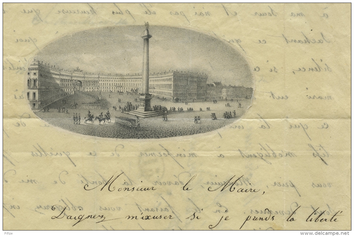 Rare LàC Illustrée 1833 écrite à St-Pétersbourg, De Paris à St-Laurent (Ain). Place Du Palais. Gouvernante Chez Alékhine - 1801-1848: Précurseurs XIX