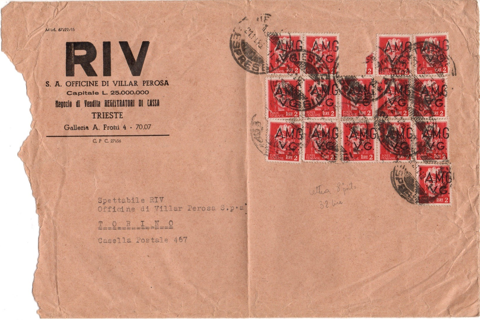 AMG-VG 21.11.1946 Lettera In TARIFFA 8° Porto Affrancata Per 32£ (16 Da 2£ SOVRASTAMPA SPOSTATA - Difettosa) Per Torino - Marcophilie