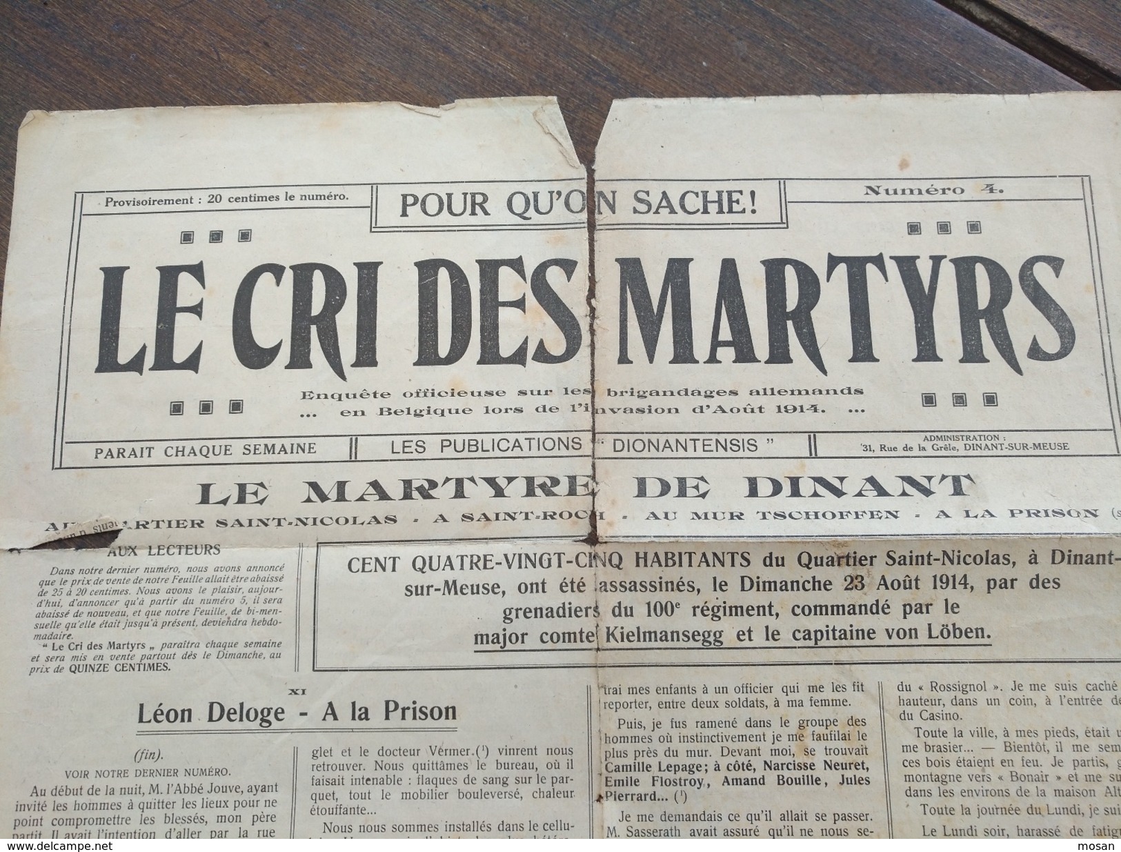 Le Cri Des Martyrs. Dionantensis. Dinant. Guerre 14/18. Anseremme. Très Rare - Belgium