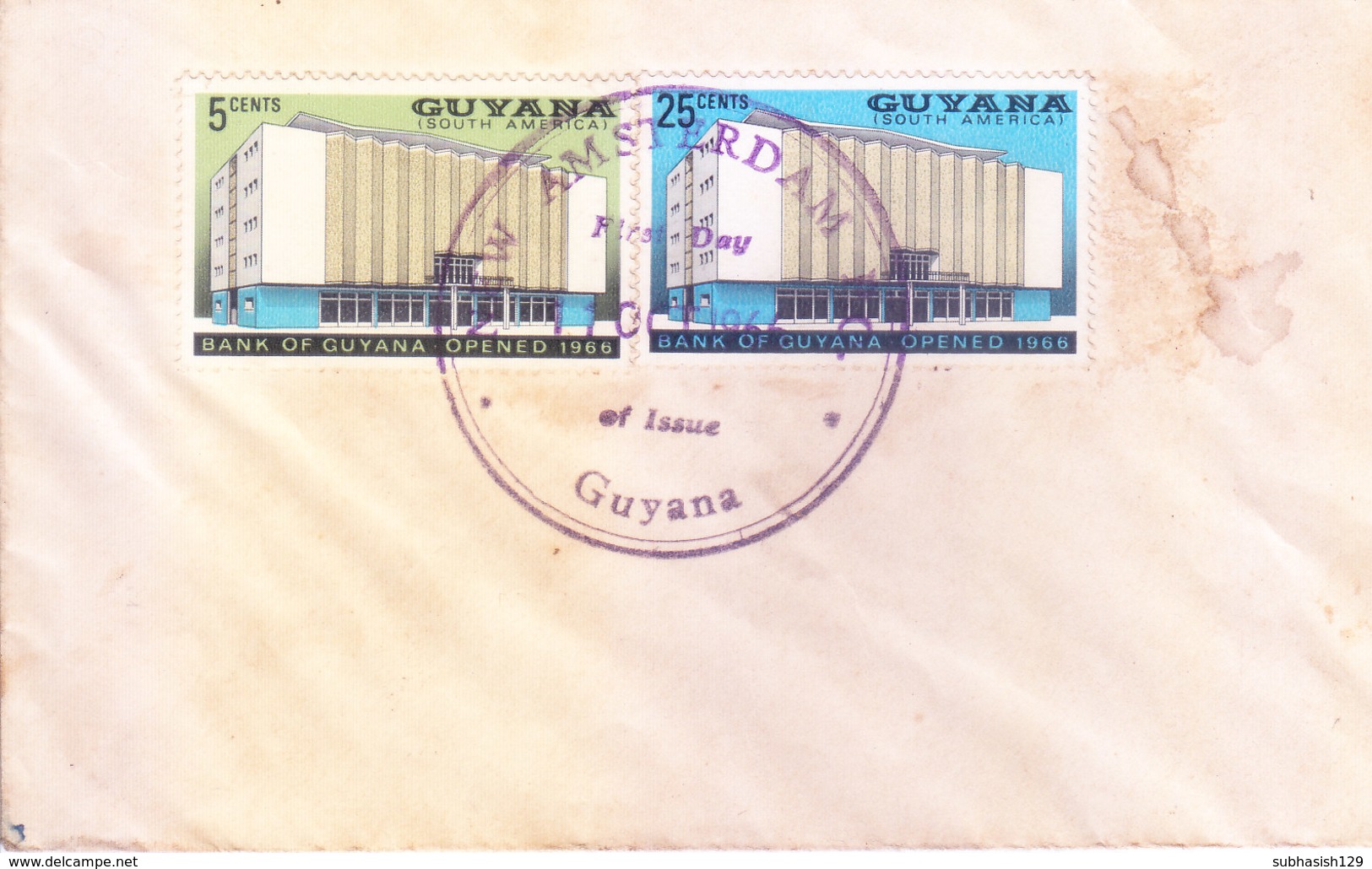 GUYANA FIRST DAY COVER 11-10-1966 ISSUED FROM NEW AMSTERDAM - BANK OF GUYANA - Guyana (1966-...)