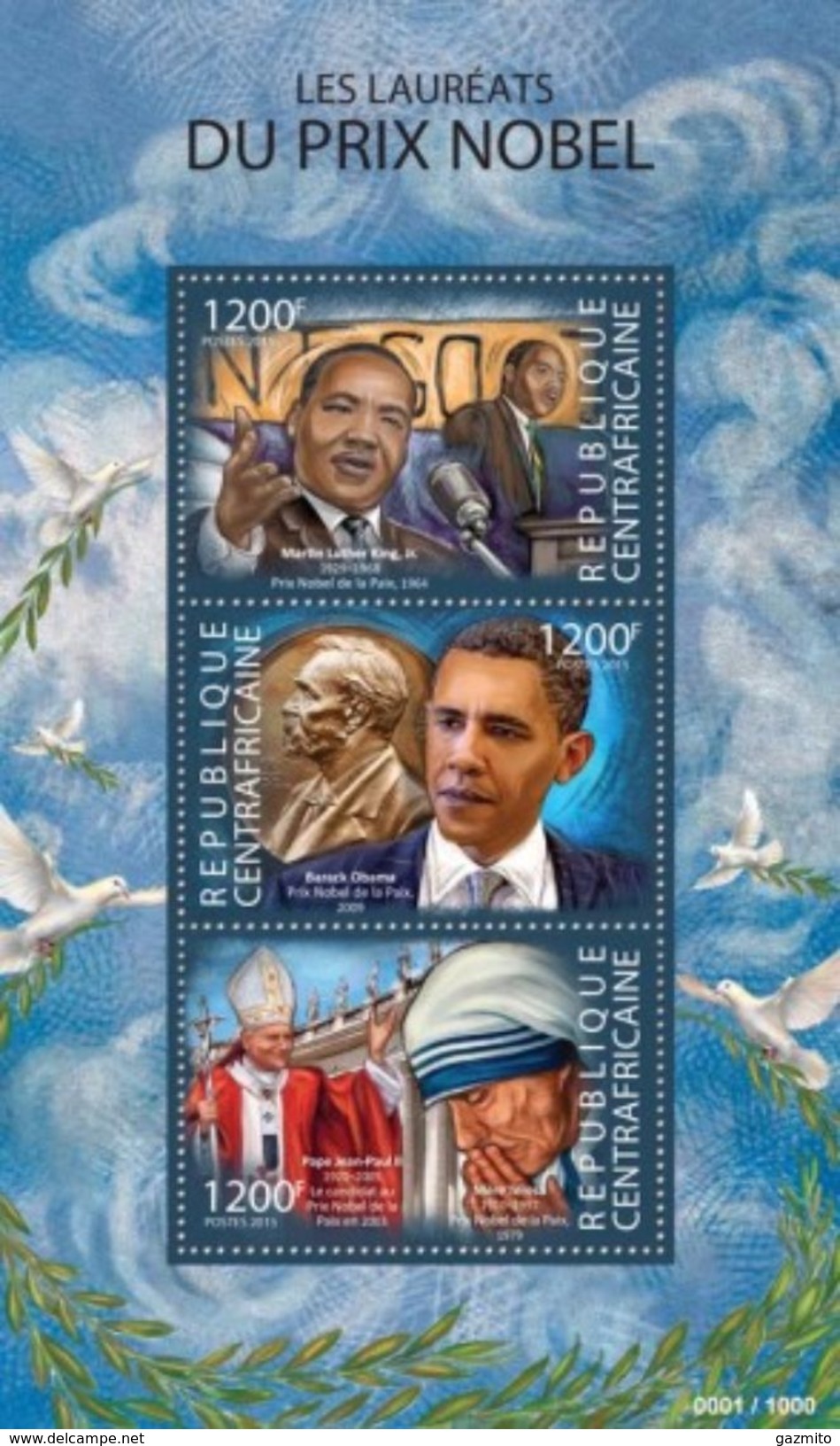 Centrafrica 2015, Nobel Prize, M.L.King, Obama, Mother Teresa, Pope J.Paul II, 3val In BF - Martin Luther King