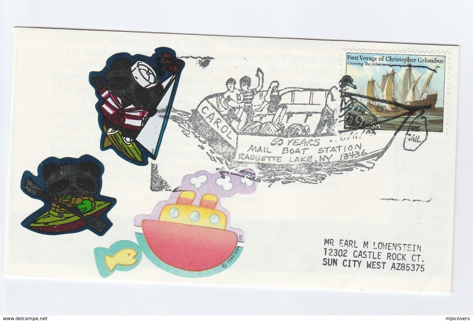 1993  RAQUETTE LAKE  EVENT COVER Stamps CHRISTOPHER COLUMBUS Sailing Ship Usa Mail Boat Anniv Post - Covers & Documents