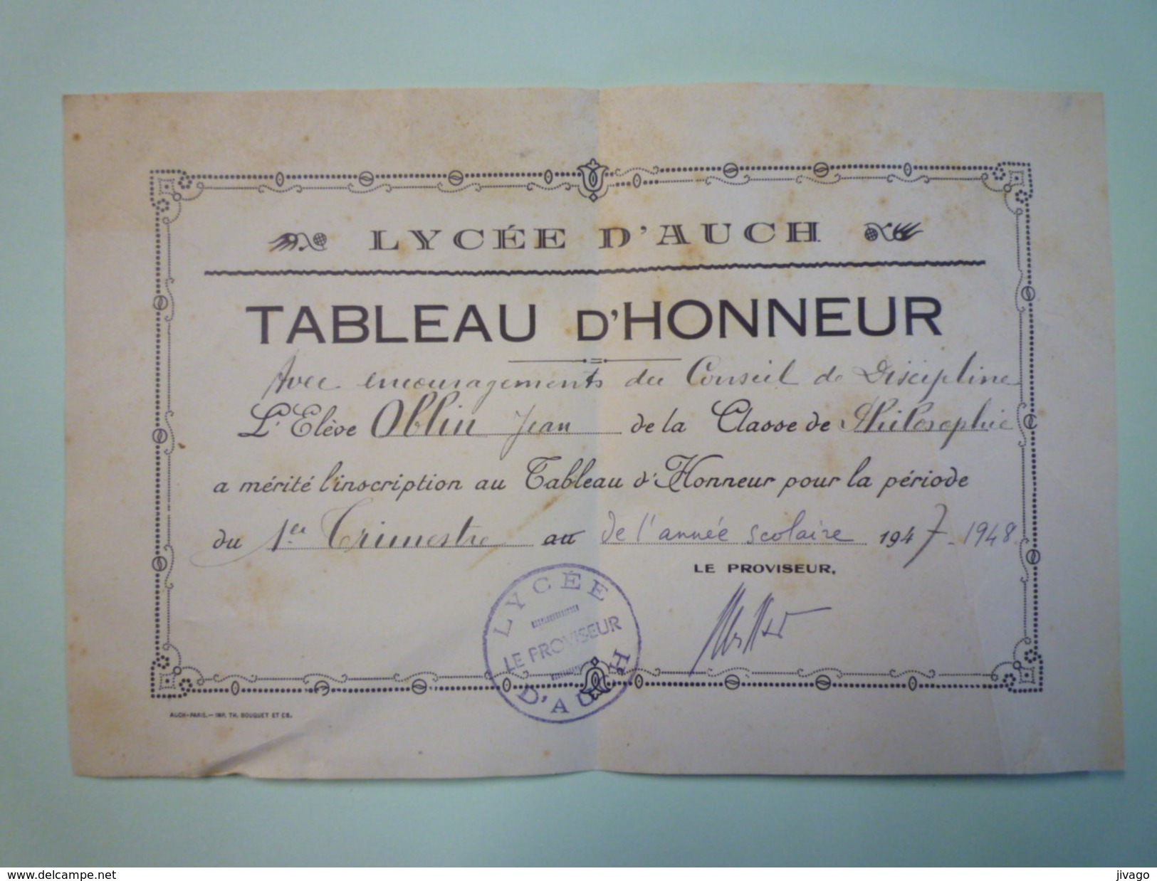 LYCEE D'AUCH  :  TABLEAU D'HONNEUR  Jean  OBLIN  1947 - 1948    - Diplômes & Bulletins Scolaires