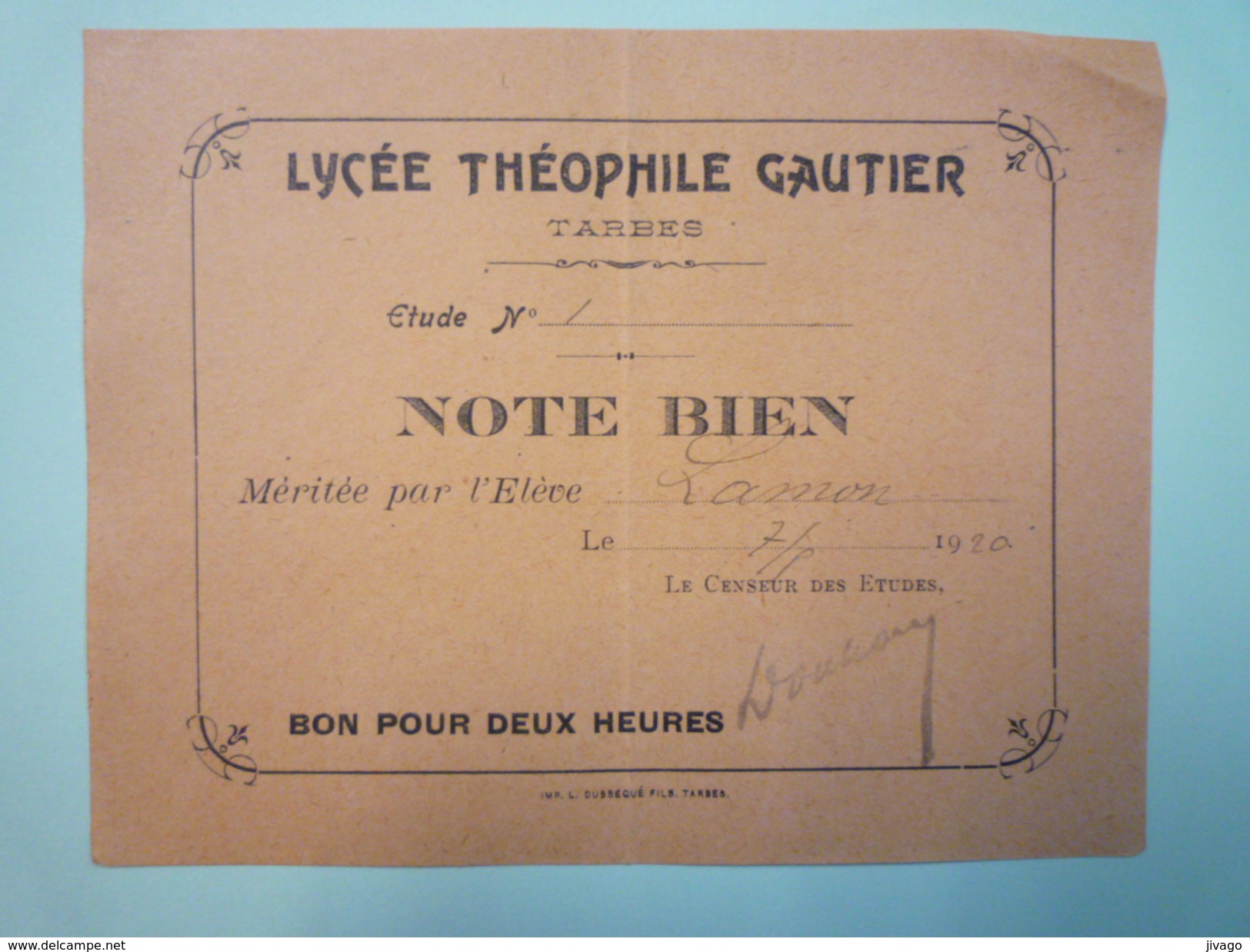 TARBES  -  Lycée Théophile  GAUTIER  :  NOTE  BIEN   1920    - Diplômes & Bulletins Scolaires