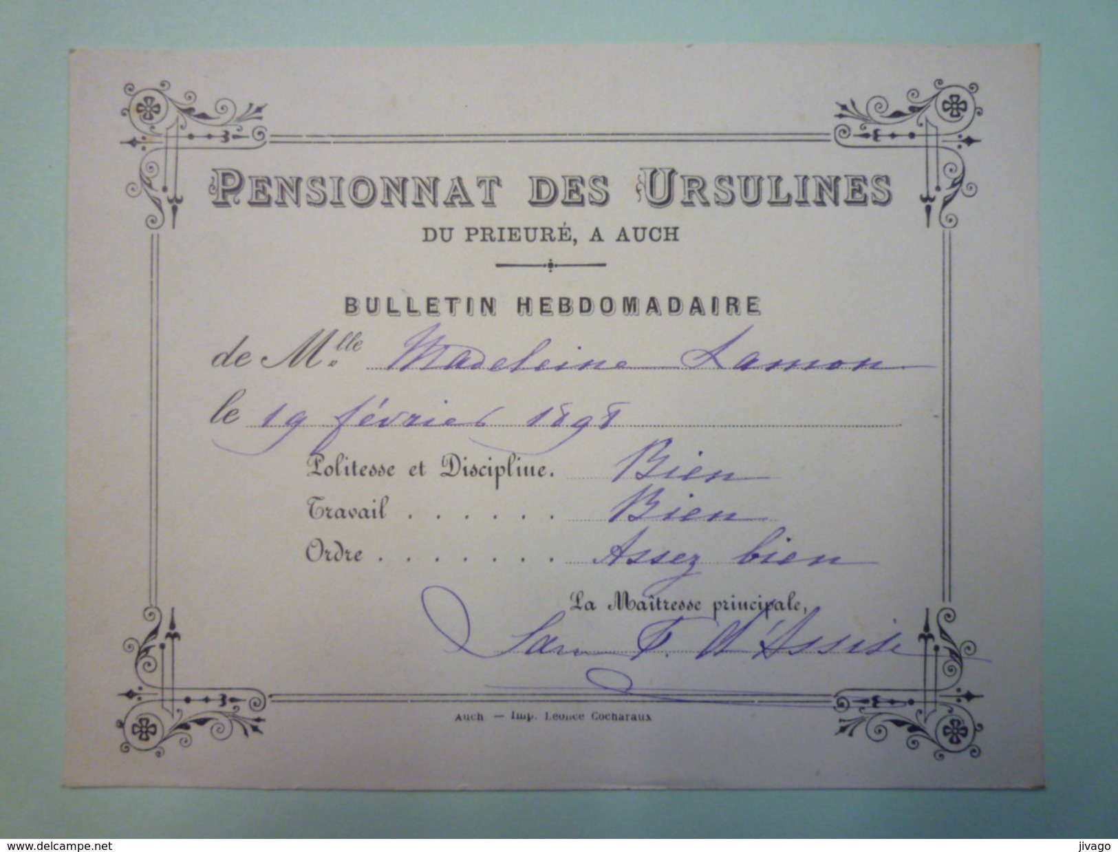 Pensionnat Des  URSULINES  Du Prieuré à  AUCH  :  BULLETIN  HEBDOMADAIRE   1898    - Diplômes & Bulletins Scolaires