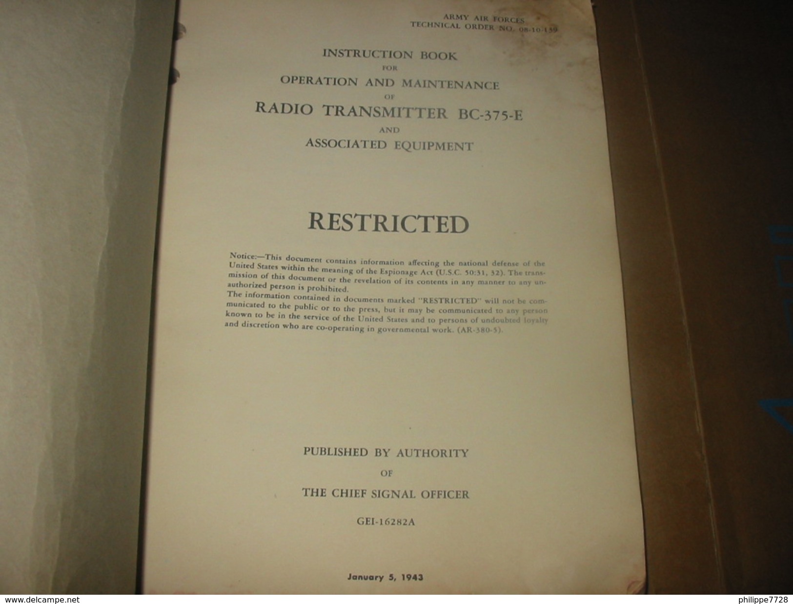 Livret Authentique Opération And Maintenance RADIO TRANSMITTER BC-375-E  ARMY AIR FORCES 5 Janvier 1943 - Radio