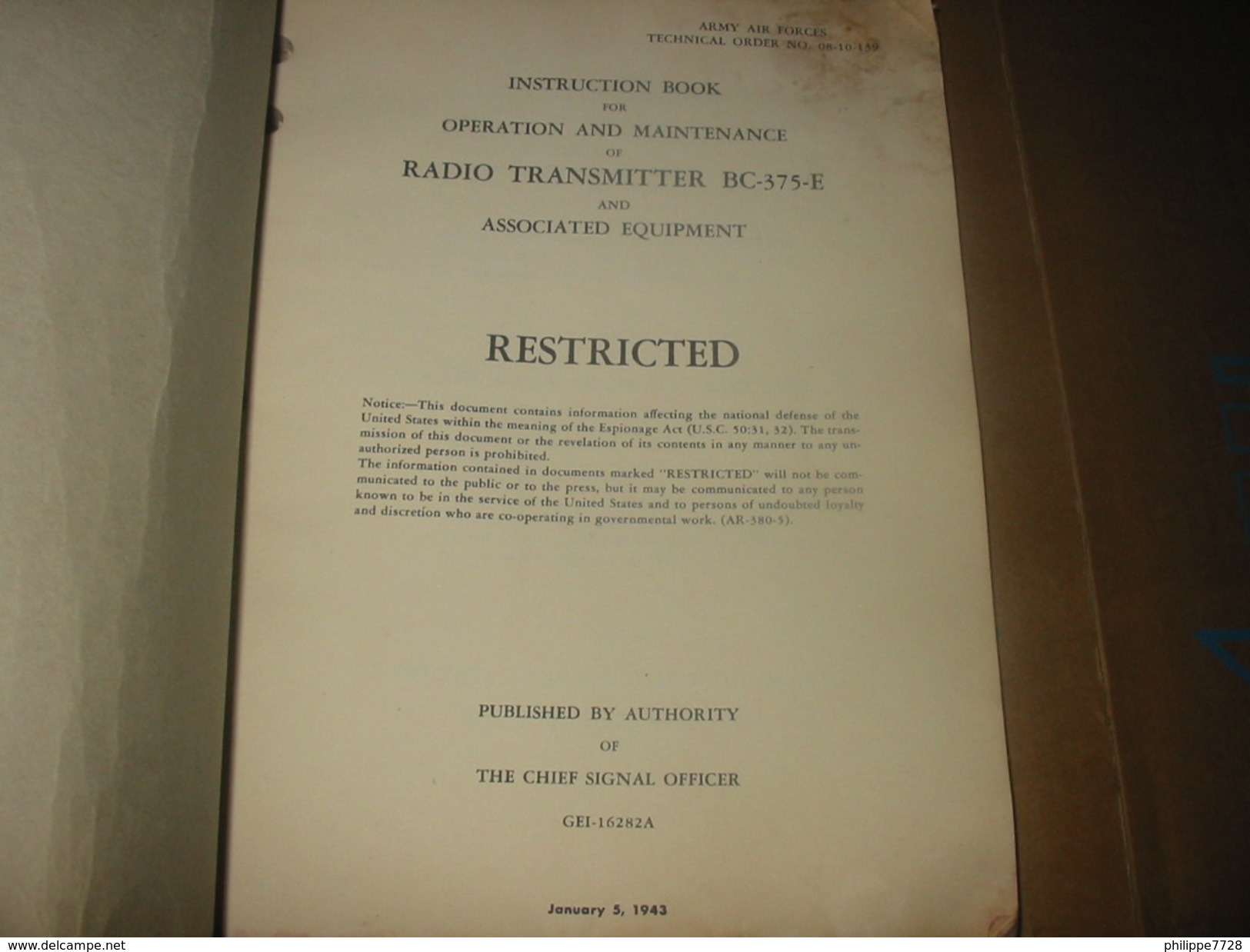 Livret Authentique Opération And Maintenance RADIO TRANSMITTER BC-375-E  ARMY AIR FORCES 5 Janvier 1943 - Radios