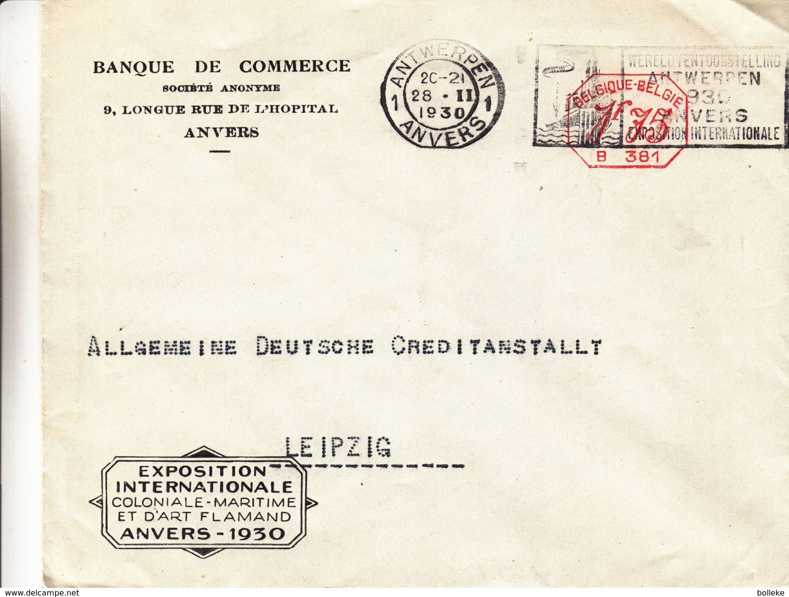 Belgique - Lettre De 1930 ° - Oblit Antwerpen - EMA - Empreintes Machines - Banque - Expo Int Coloniale Maritime - ...-1959