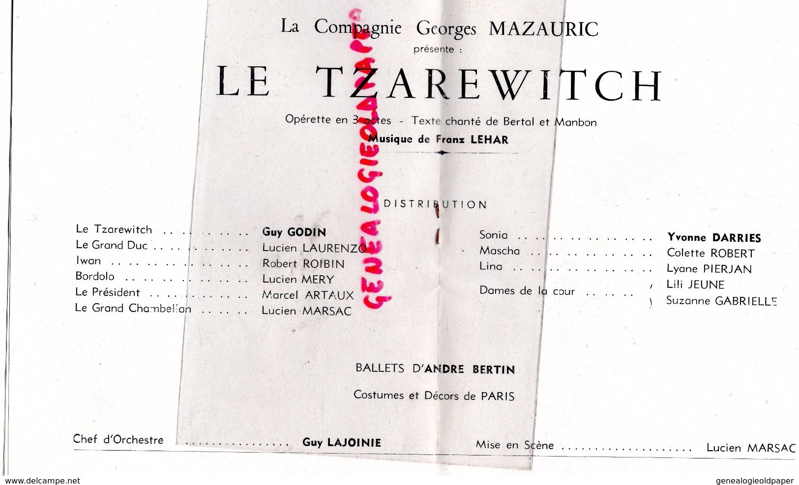 83- TOULON- PROGRAMME CIE GEORGES MAZAURIC-1952-YVONNE DARRIES-COLETTE ROBERT-LE TZAREWITCH -FRANZ LEHAR-ROBERT ROIBIN - Programma's