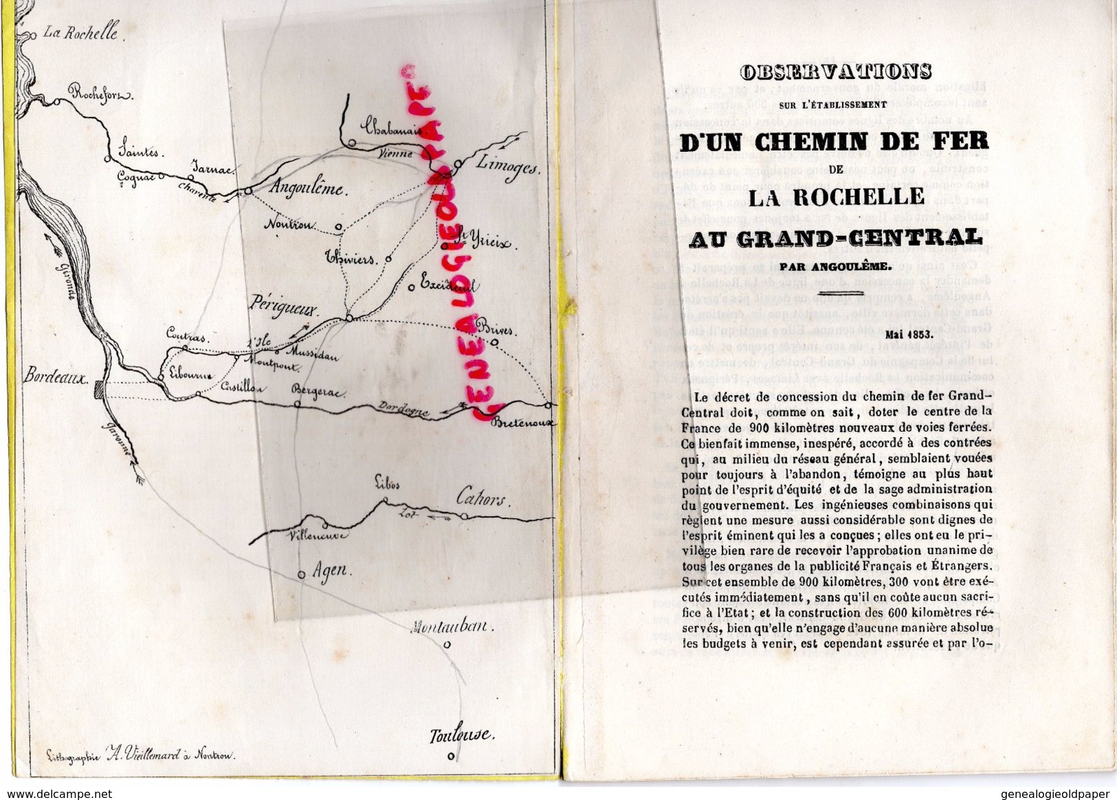17- OBSERVATIONS SUR ETABLISSEMENT CHEMIN DE FER DE LA ROCHELLE AU GRAND CENTRAL ANGOULEME-MAI 1853- ROCHEFORT-LIMOGES- - Historical Documents