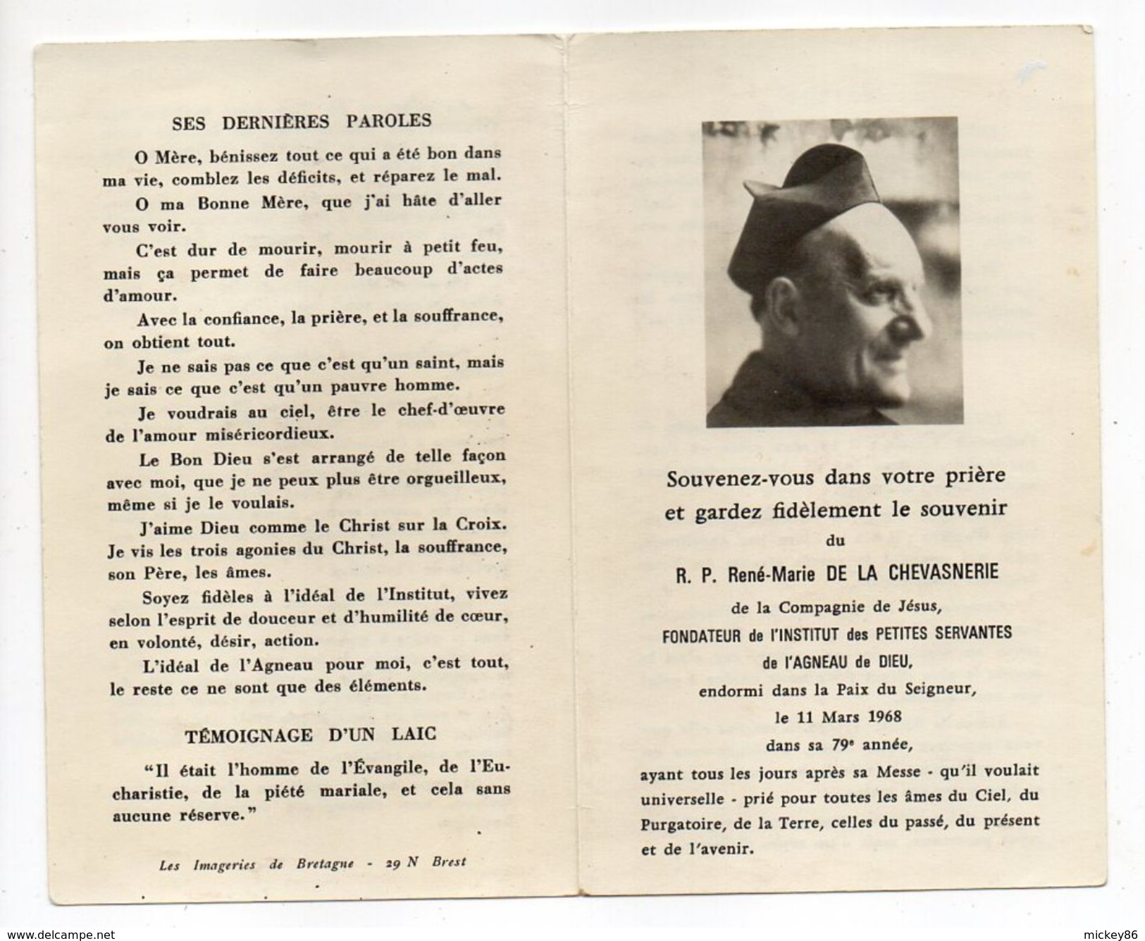 Religion-Décès 11-03-1968-RP René-Marie De La Chevasnerie--Cie Jésus--Institut Petites Servantes--Agneau De Dieu - Religione & Esoterismo