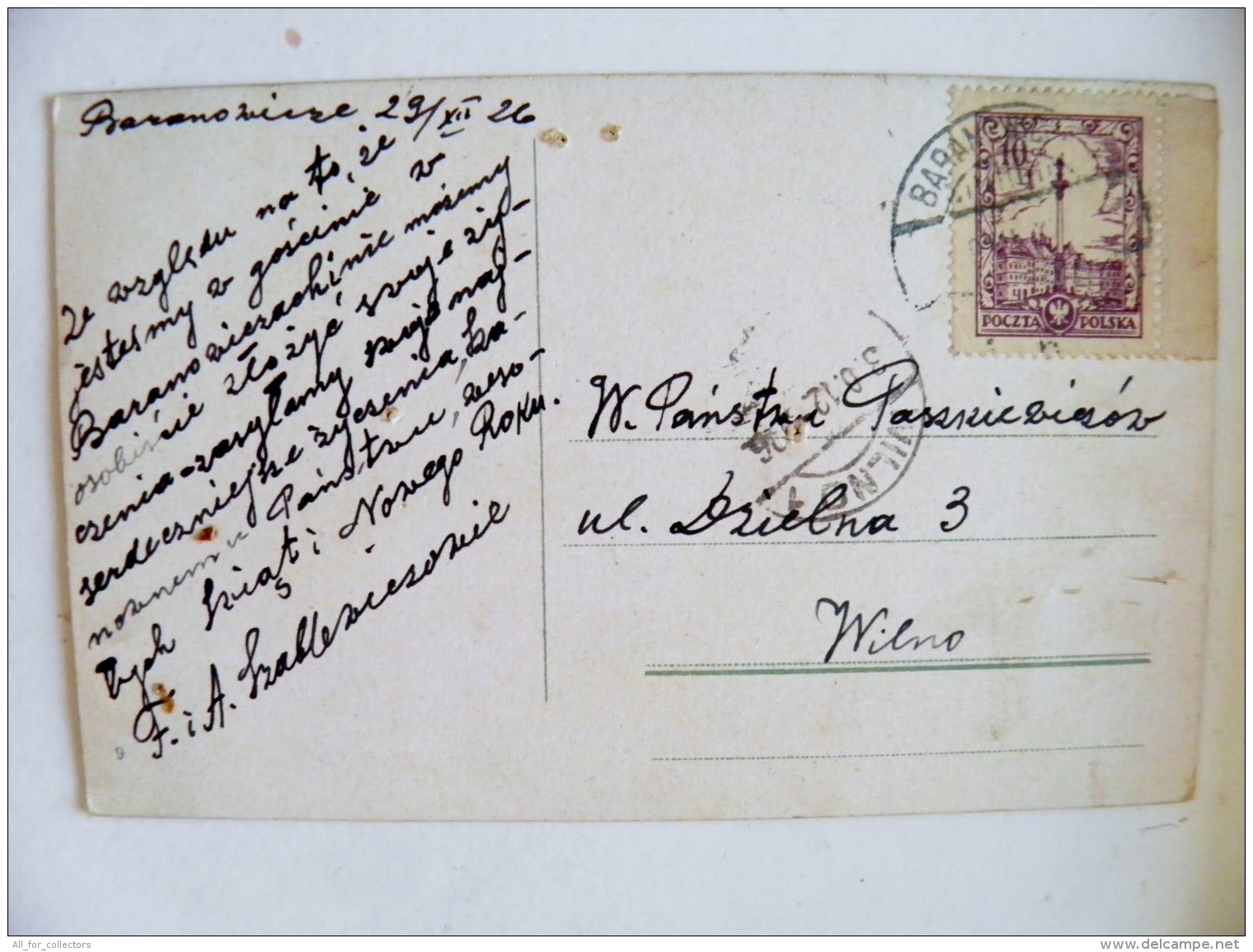 Post Card From Poland To Lithuania 1926 Baranowisze Wilno Vilnius - Covers & Documents