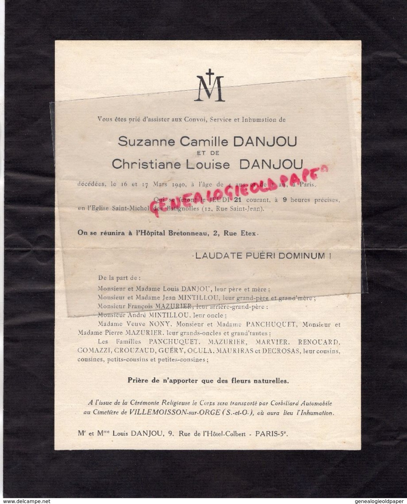 75- PARIS-INHUMATION SUZANNE CHRISTIANE DANJOU-EGLISE ST MICHEL BATIGNOLLES-HOPITAL BRETONNEAU-VILLEMOISIN SUR ORGE-1940 - Historical Documents