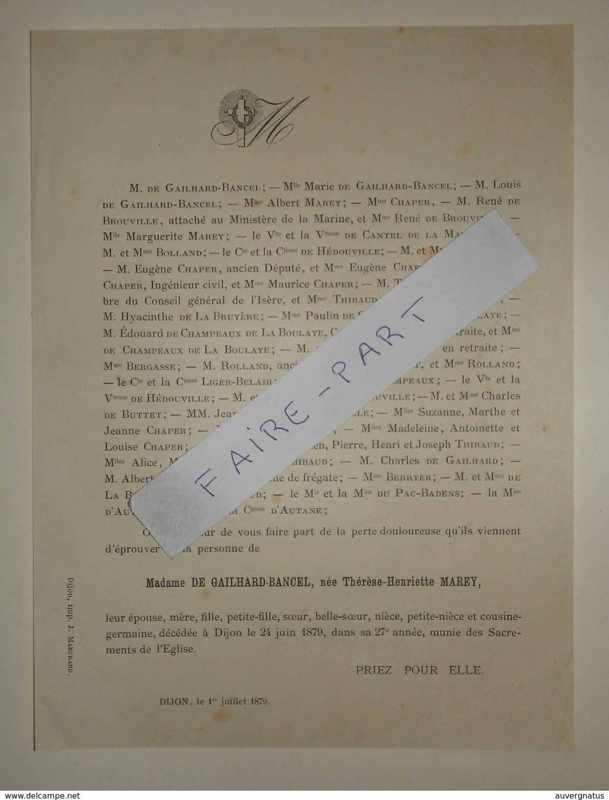FAIRE-PART DECES 1879 De GAILHARD-BANCEL MAREY CHAPER De BROUVILLE De HEDOUVILLE Dijon Côte-d'Or Généalogie - Décès