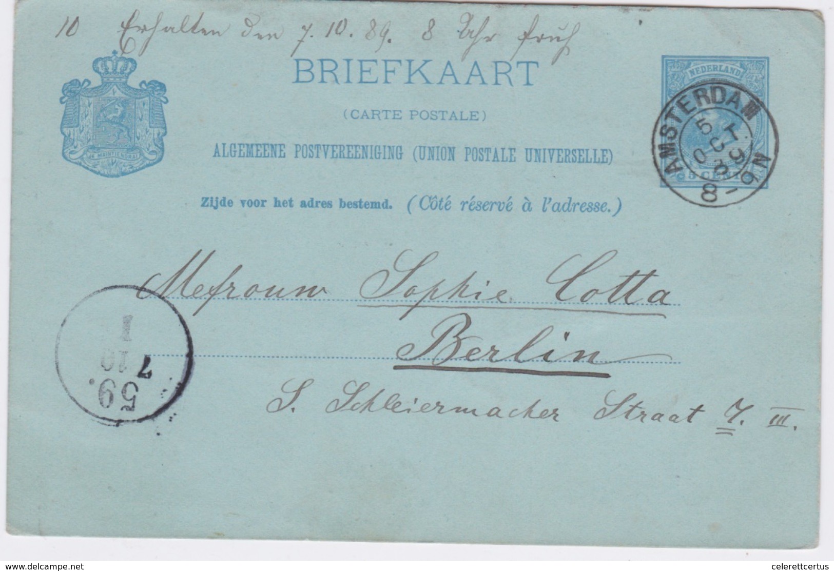 Netherlands-1889 5 Cent Blue On Pale Blue White Back PS Postcard Amsterdam Railway TPO 59./710 I Cover To Berlin - Covers & Documents