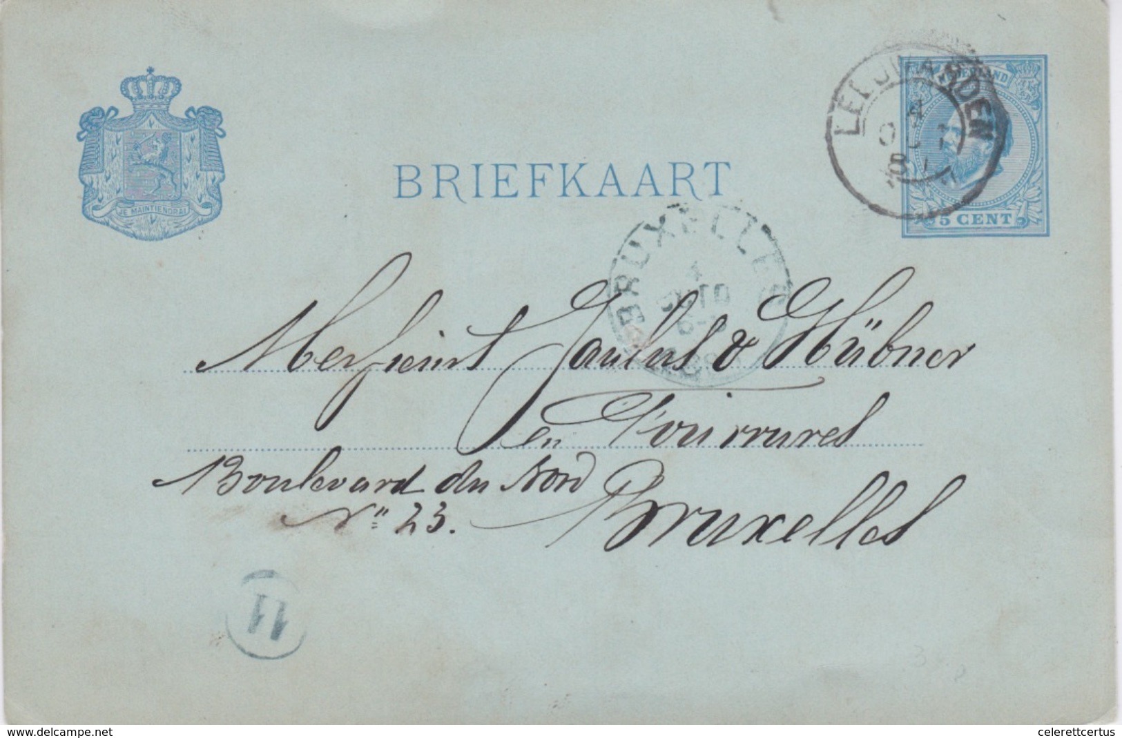 Netherlands-1881 5 Cent Blue On Pale Blue White Back PS Postcard Leeuwarden Cover Railway TPO 11 To Bruxelles, Belgium - Covers & Documents